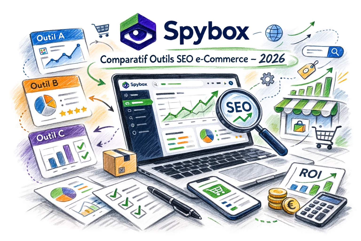 Illustration au crayon et feutre d’un comparatif d’outils SEO e-commerce en 2026, avec Spybox affiché sur un tableau de bord (graphiques, mots-clés, ROI)