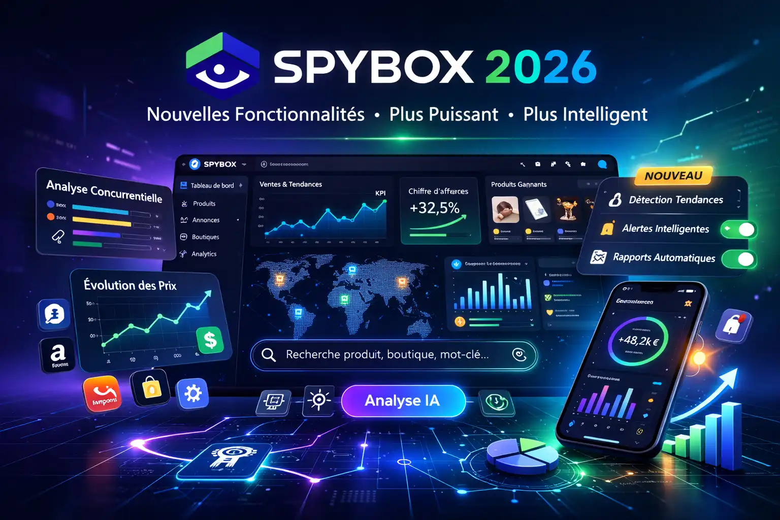 Interface Spybox 2026 avec catalogue d'outils, crédits IA et gestion de l'abonnement