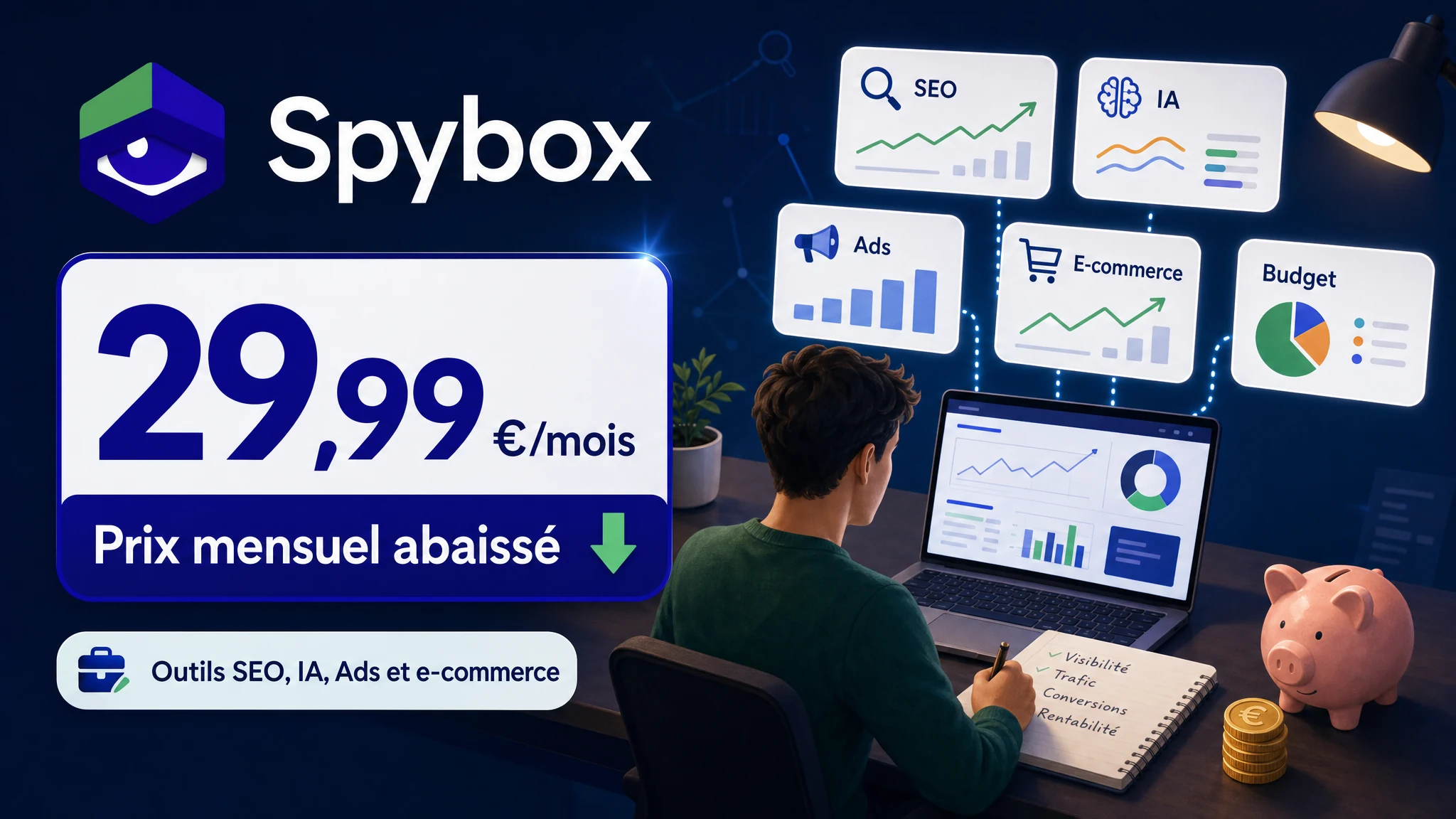 Baisse du prix mensuel Spybox à 29,99 euros pour accéder aux outils SEO, IA, Ads et e-commerce avec un budget réduit